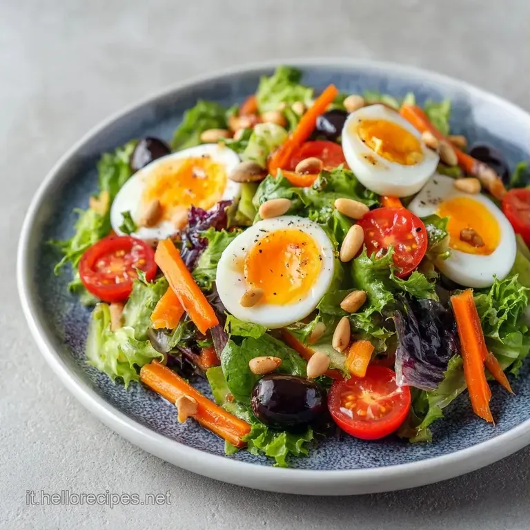Composizione elegante di insalata primaverile con uova a fette, colori vivaci e un filo d'olio lucido in un piatto moderno.