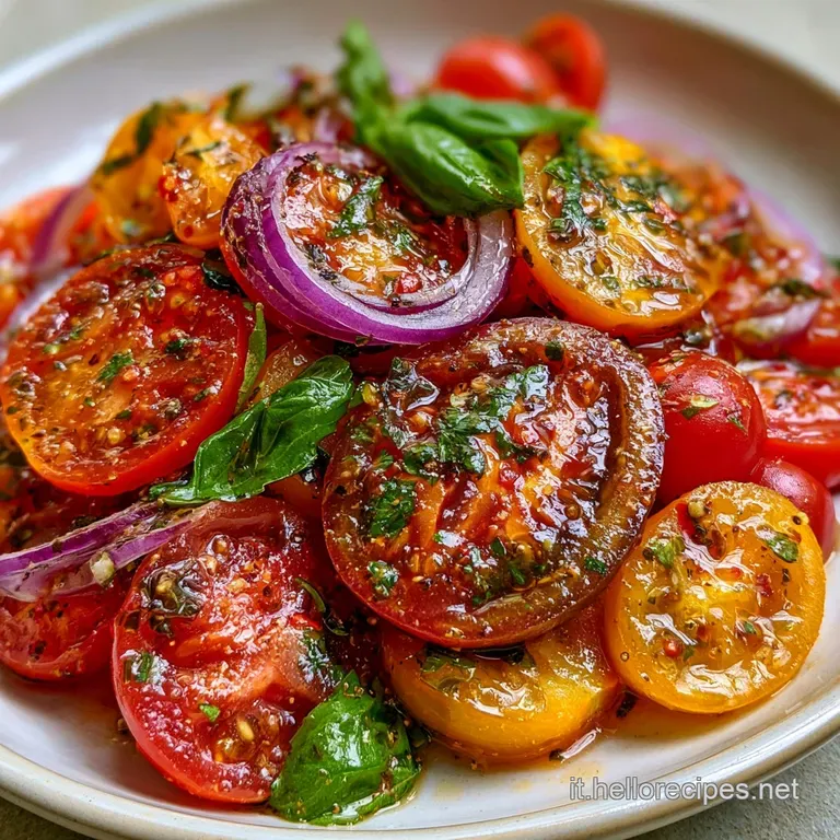 Pomodori colorati disposti con cura, contrastati dal bianco della mozzarella e un tocco di pepe nero su fondo ceramica.