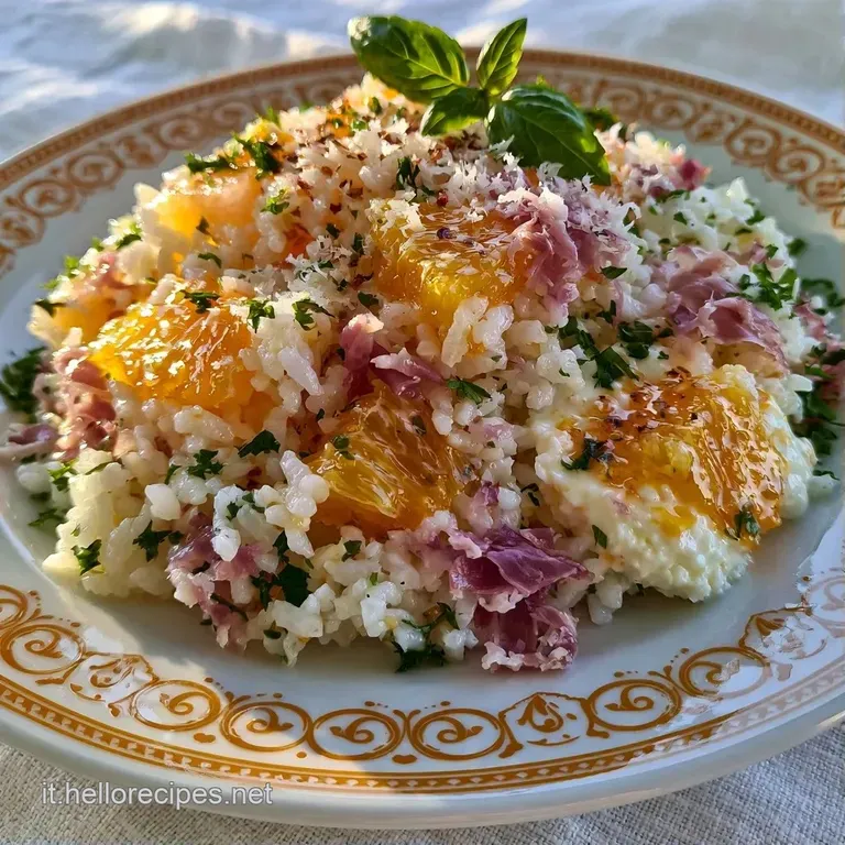 Composizione curata di riso bianco e melone succoso in un piatto di ceramica bianca, con un filo d'olio che brilla alla luce.