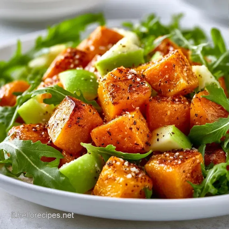 Composizione curata di zucca arrosto dorata, granella di noci e gocce di olio lucido su un piatto di ceramica scura.
