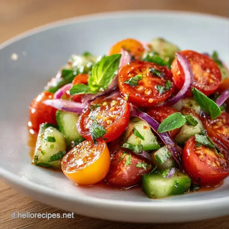 Fettine di pomodoro rosso brillante disposte a cerchio con foglie verdi di basilico e un filo d'olio extravergine.