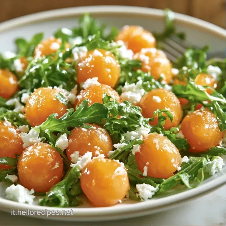 Composizione fresca di fette di melone succoso e foglie di rucola croccante, con feta bianca sparsa su piatto chiaro.