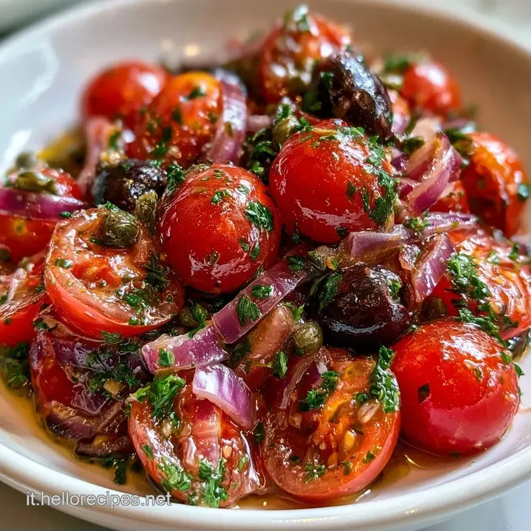 Pomodori ciliegino rossi e gialli disposti con cura su un piatto in ceramica, guarniti da foglie di basilico verde brillante.