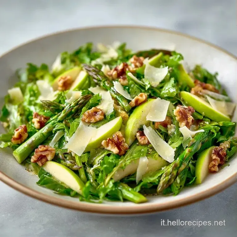 Composizione raffinata di foglie tenere e noci tostate su un piatto bianco, con gocce di olio che brillano alla luce.