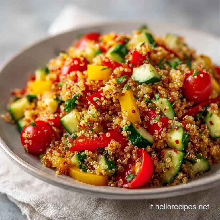 Composizione curata di grani di quinoa sgranati, foglie verdi fresche e pezzetti di tofu saltato su un piatto bianco.