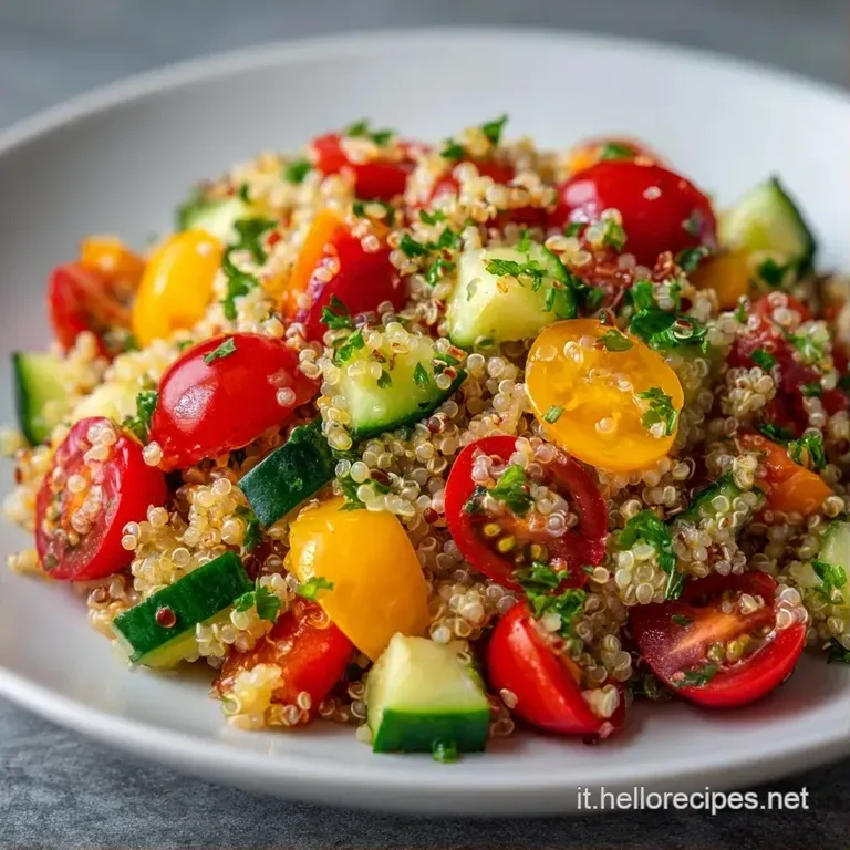 Piatto bianco con una composizione curata di grani chiari, verdure croccanti e un velo d'olio lucido dai colori vivaci.