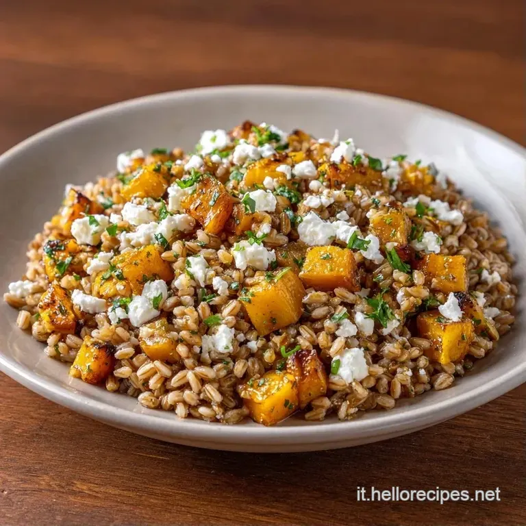 Composizione curata su piatto bianco con zucca arrosto arancio, feta candida e foglie di spinacino verde brillante.
