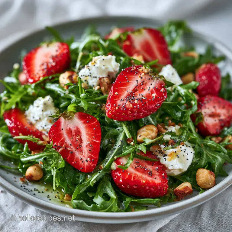 Composizione raffinata di fragole a fette, briciole di caprino cremoso e rucola verde, guarnita con glassa scura lucida.