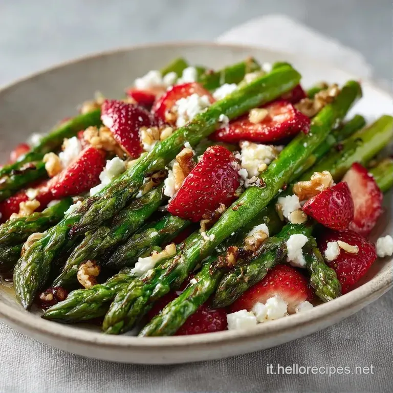 Composizione raffinata di punte di asparagi verdi e fette di fragole rosso vivo, guarnite con scaglie bianche di formaggio.