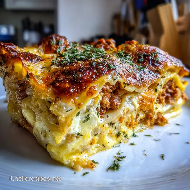 Slice of cheesy lasagna with a crispy browned top, plated with a vibrant green sprig of parsley, inviting and delicious.