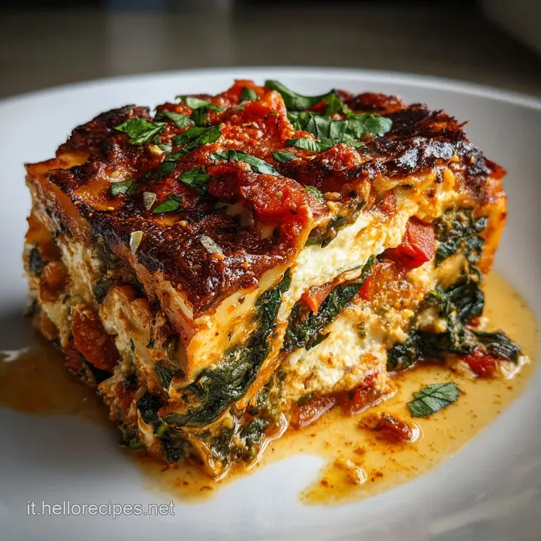 A perfectly portioned slice of verdant vegetable lasagne, its layers distinct and enticing, resting elegantly on a white p...