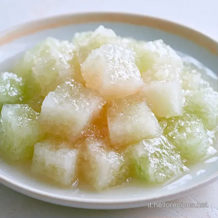Pezzi di melone bianco brillante disposti con cura in una ciotola di vetro, avvolti da un velo di sciroppo trasparente.