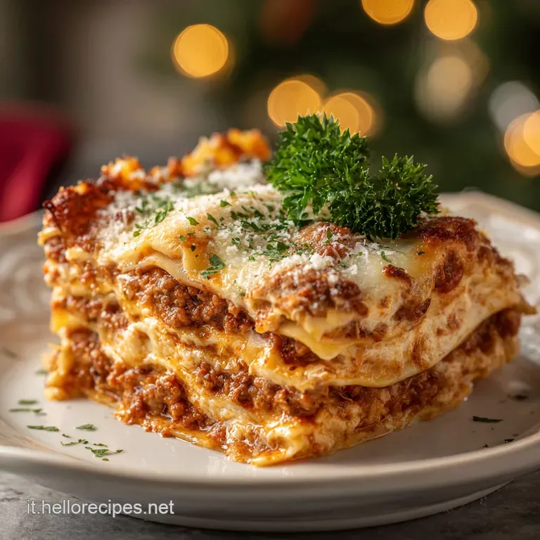 Slice of warm lasagna showing layers of rich meat sauce, creamy ricotta, and melted mozzarella. Sprinkled with fresh herbs...