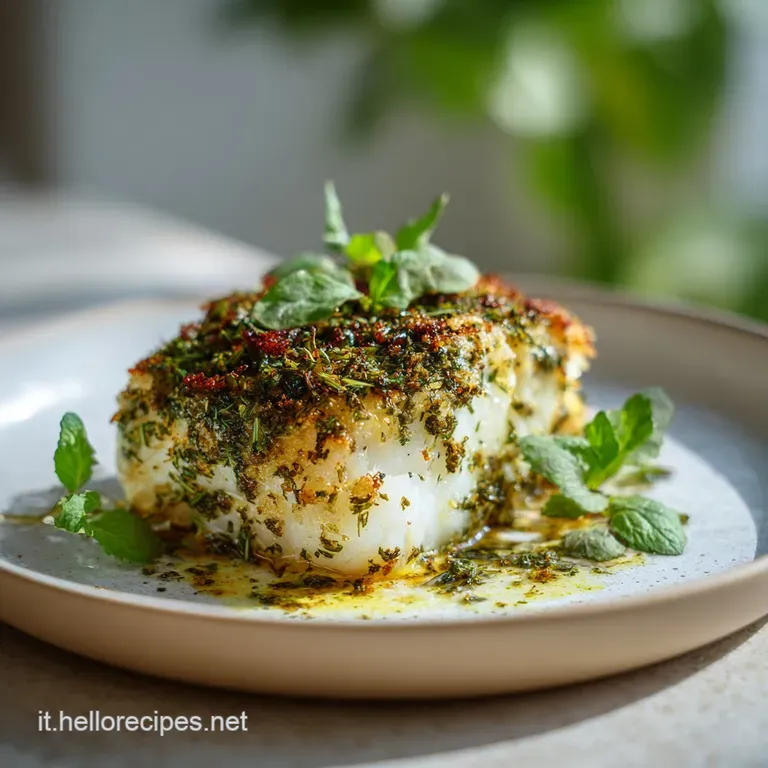 Perfectly baked cod fillet served atop a bed of colorful roasted peppers and onions, drizzled with fresh herbs and olive oil.