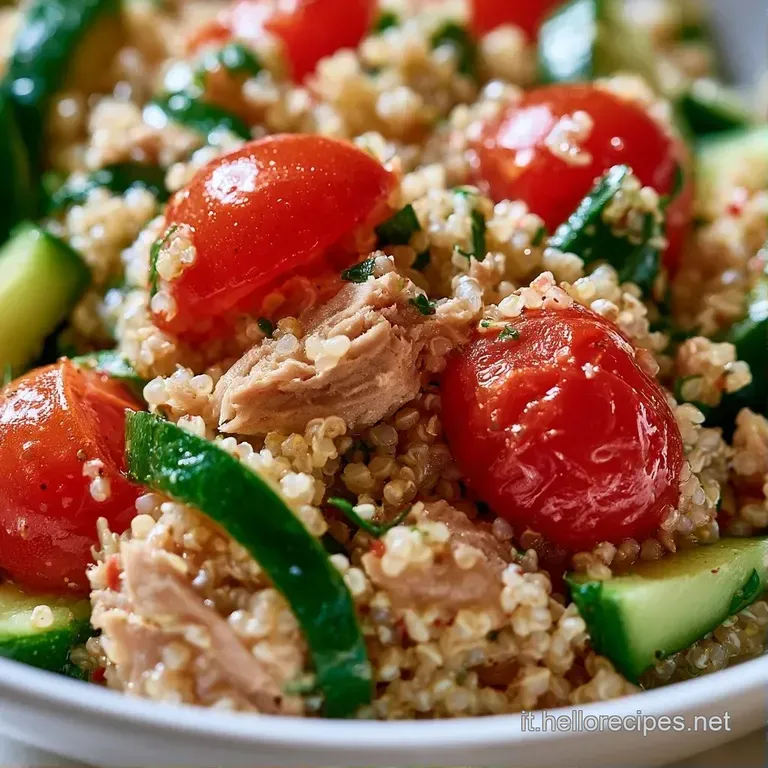 Composizione colorata in un piatto bianco, con gocce di olio lucido, grani chiari e piccoli pezzi di verdure fresche.