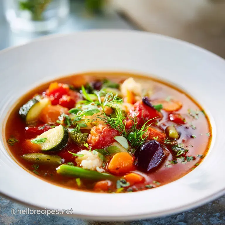 A steaming bowl of minestrone, vibrant with colorful vegetables, sits on a rustic table with a spoon ready for enjoyment.