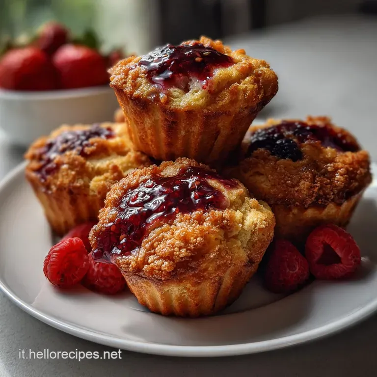Elegant, single muffin presented on a small white plate. The soft, textured top contrasts with the smooth, glossy jam fill...