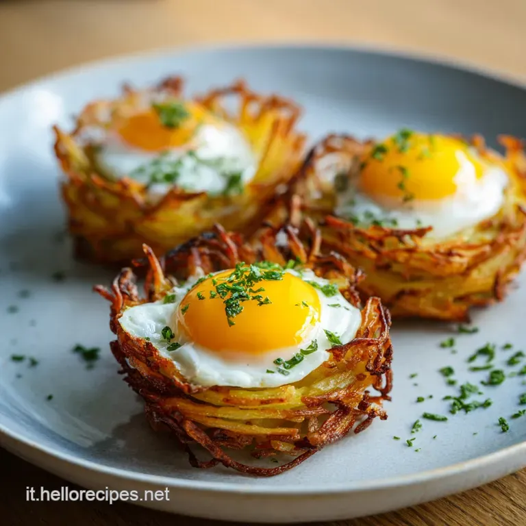 Individual potato nests with a glistening egg yolk, perched on a white plate, hinting at creamy textures and savory flavors.