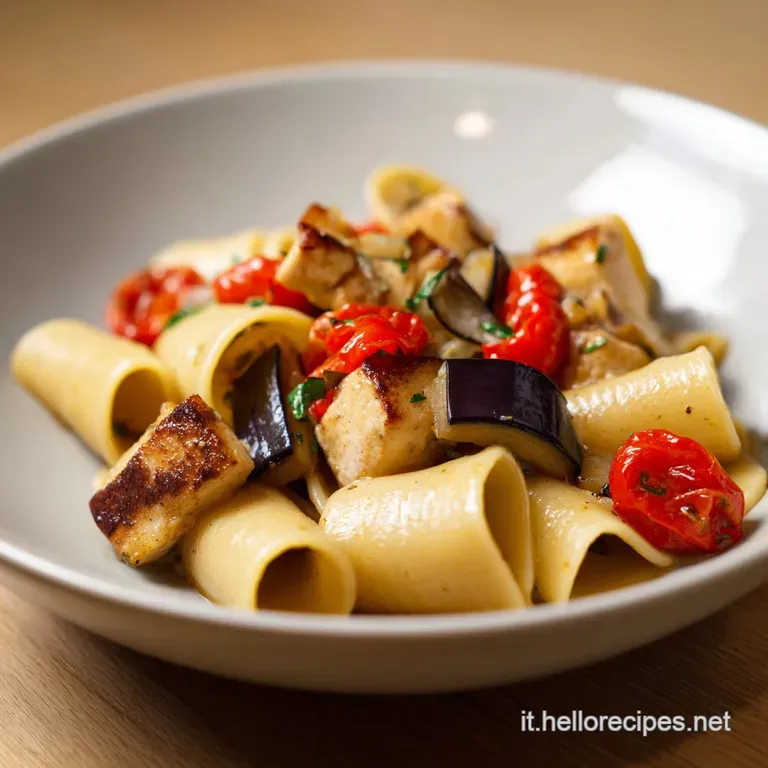 Composizione raffinata di pasta lucida, cubetti di pesce tenero e melanzane scure, decorata con foglie di basilico fresco.