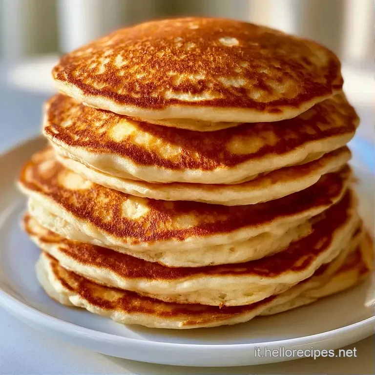 Pancake rotondi disposti con cura su un piatto bianco, guarniti da frutti di bosco rossi e una spolverata di zucchero.