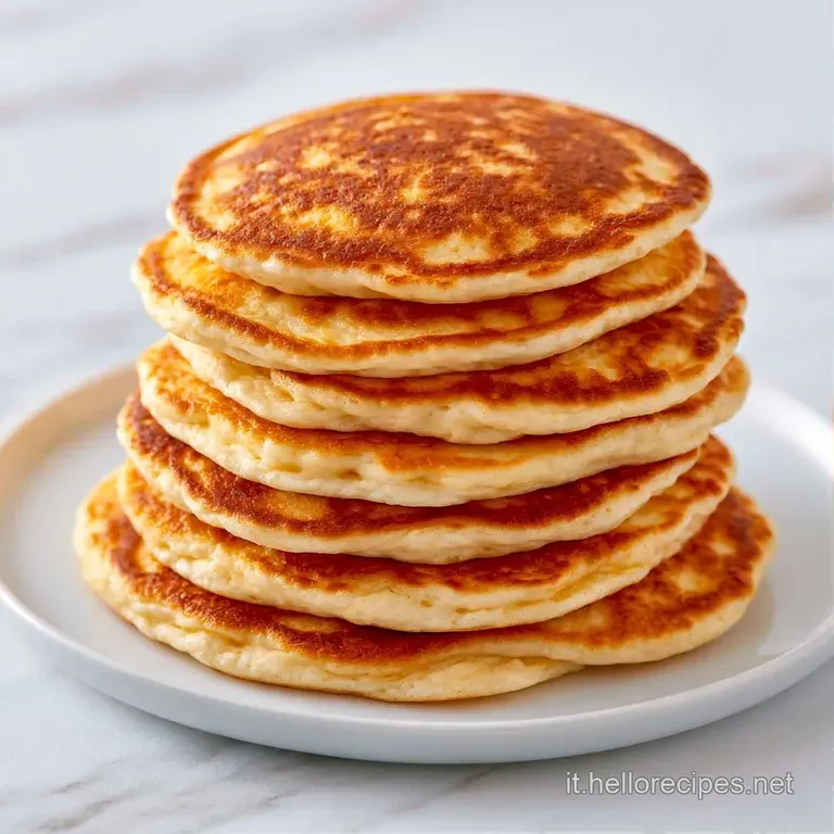 Pancake alti e spugnosi guarniti con frutti di bosco freschi e una spolverata di zucchero a velo su piatto di ceramica.