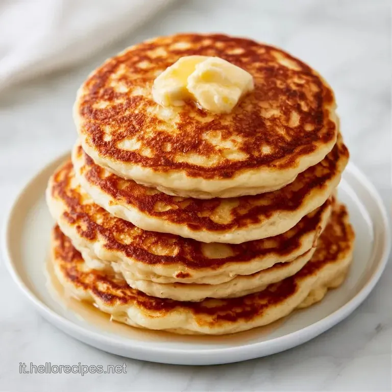 Pancake spessi e soffici su piatto bianco, decorati con fragole rosse e una pioggia di zucchero a velo bianco.