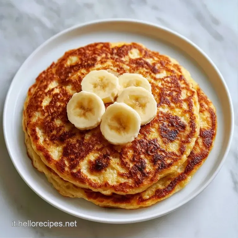 Piatto bianco con una pila di pancake soffici, mirtilli blu e banane fresche, rifiniti con un filo di miele dorato lucido.