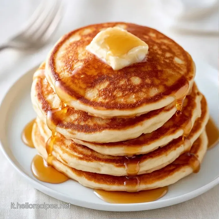 Stack di pancake dorati guarniti con mirtilli freschi e fragole rosse, spolverati di zucchero a velo su piatto ceramica.