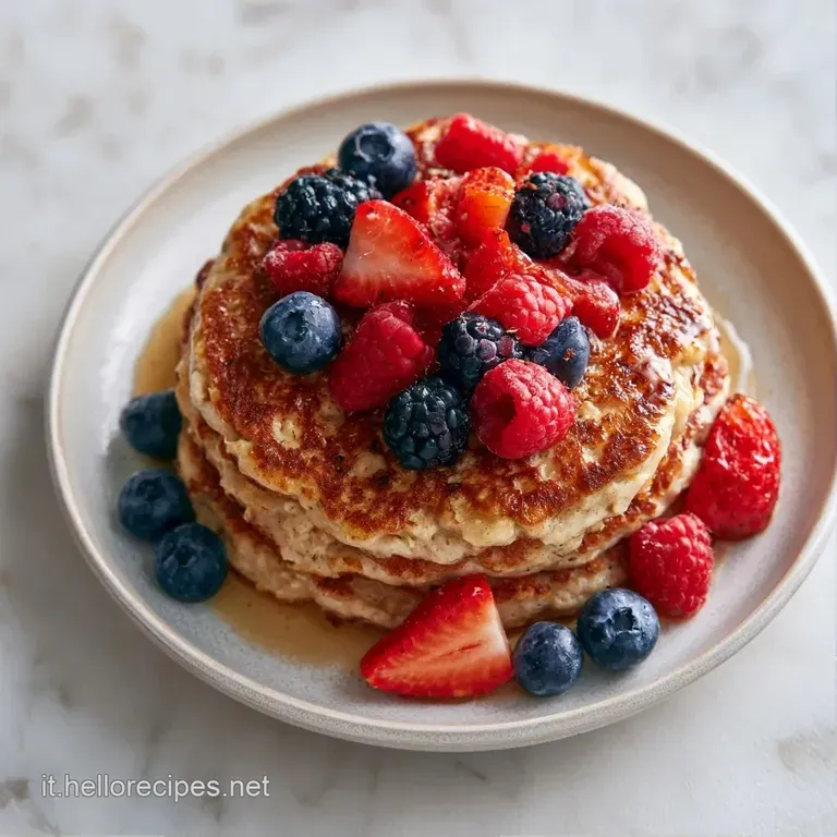 Pancake rotondi e spumosi disposti con cura, guarniti da fragole rosse e un filo di miele lucido su sfondo neutro.