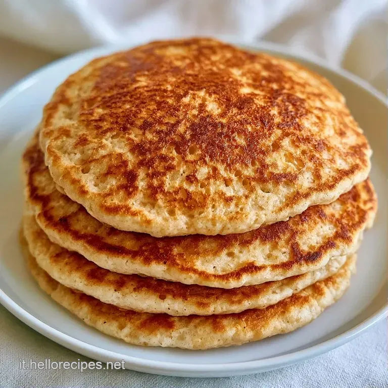 Tre pancake spessi su un piatto di ceramica bianca, decorati con fragole rosse e polvere di zucchero a velo bianca.