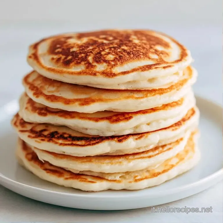Pancake alti e spugnosi disposti in un piatto bianco, decorati con mirtilli blu e una spolverata di zucchero a velo.