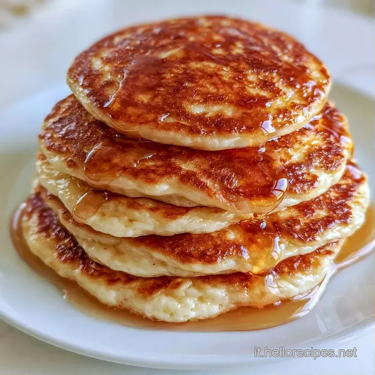 Tre pancake alti e spugnosi su un piatto bianco, decorati con mirtilli blu e un filo di miele ambrato trasparente.