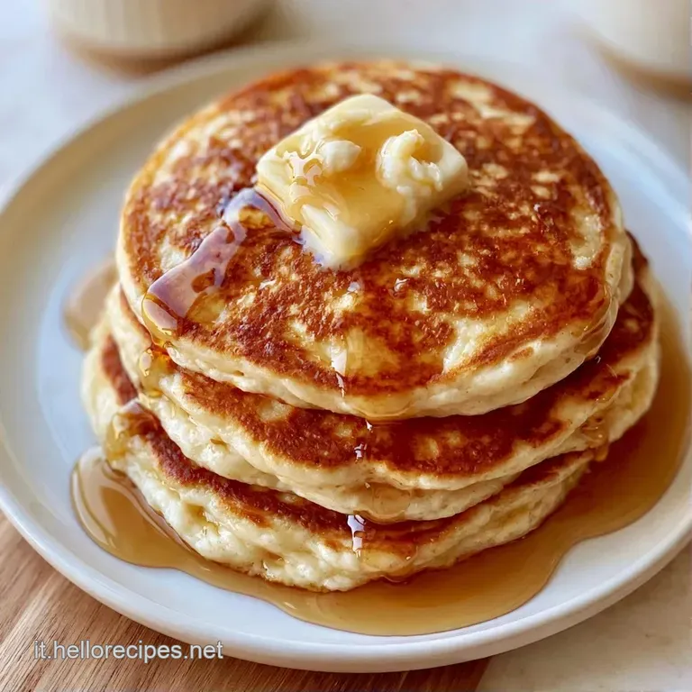 Pancake soffici impilati con una spolverata di zucchero a velo, foglioline di menta e fragole rosse mature.