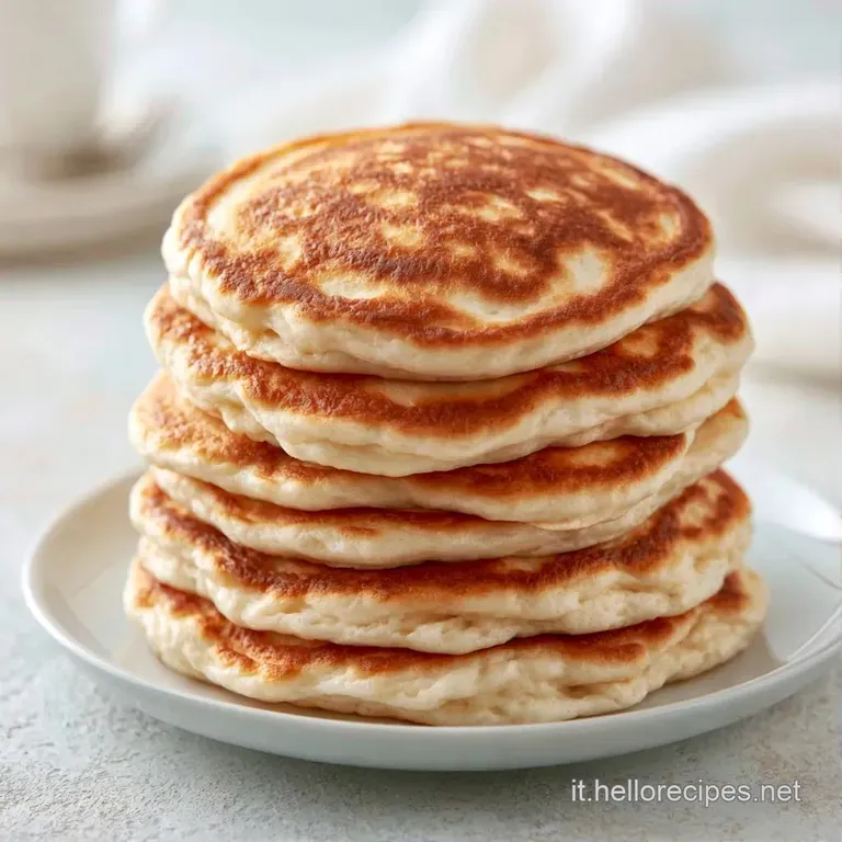 Pancake dorati disposti con cura su ceramica bianca, guarniti con fragole rosse brillanti e un filo di miele lucido.