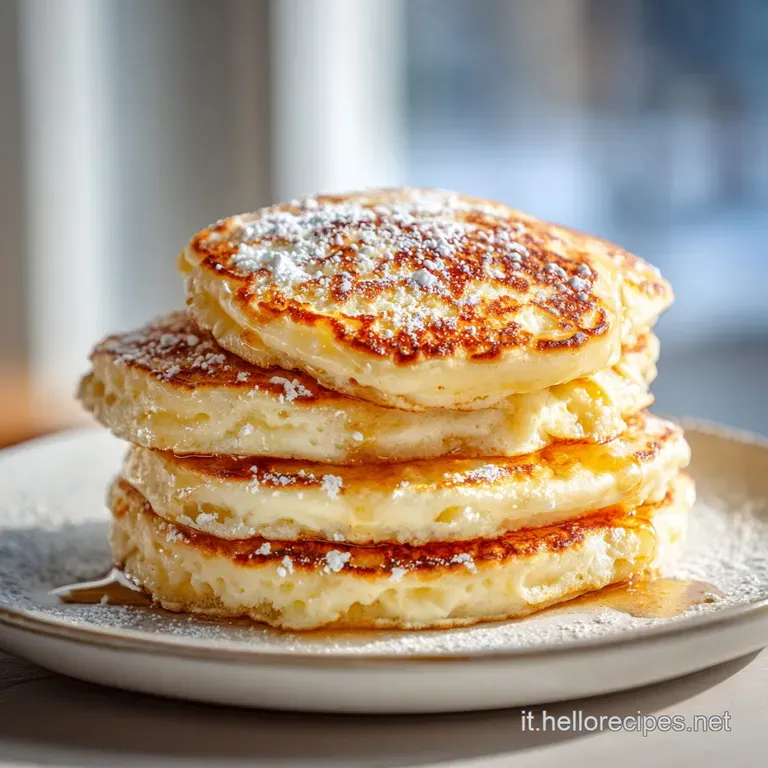 Golden ricotta pancakes arranged on a plate, adorned with fresh berries and a delicate drizzle of honey, hinting at a swee...