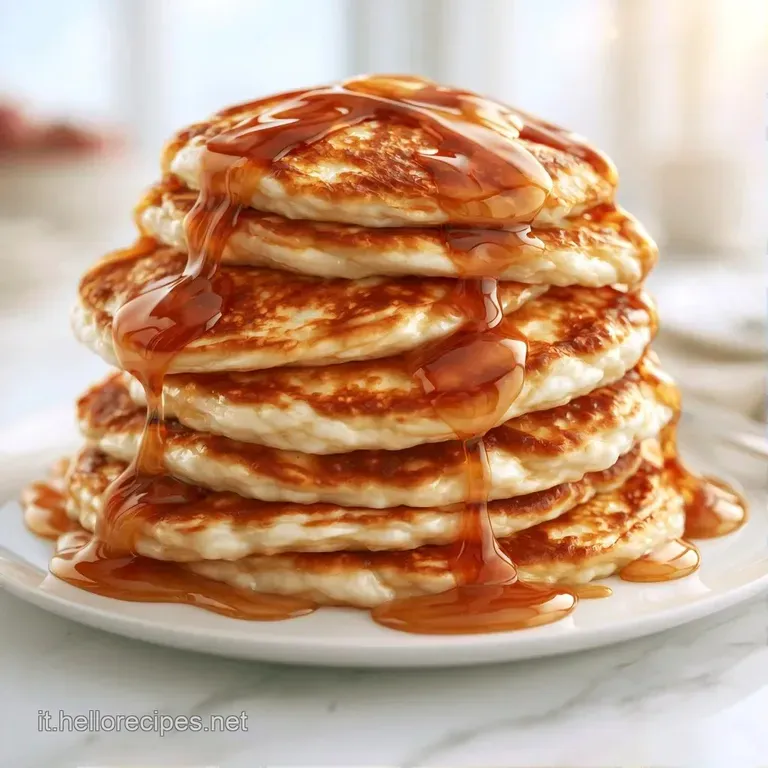 Pancake rotondi e spugnosi su un piatto di ceramica bianca, decorati con frutti di bosco rossi e gocce di miele dorato.