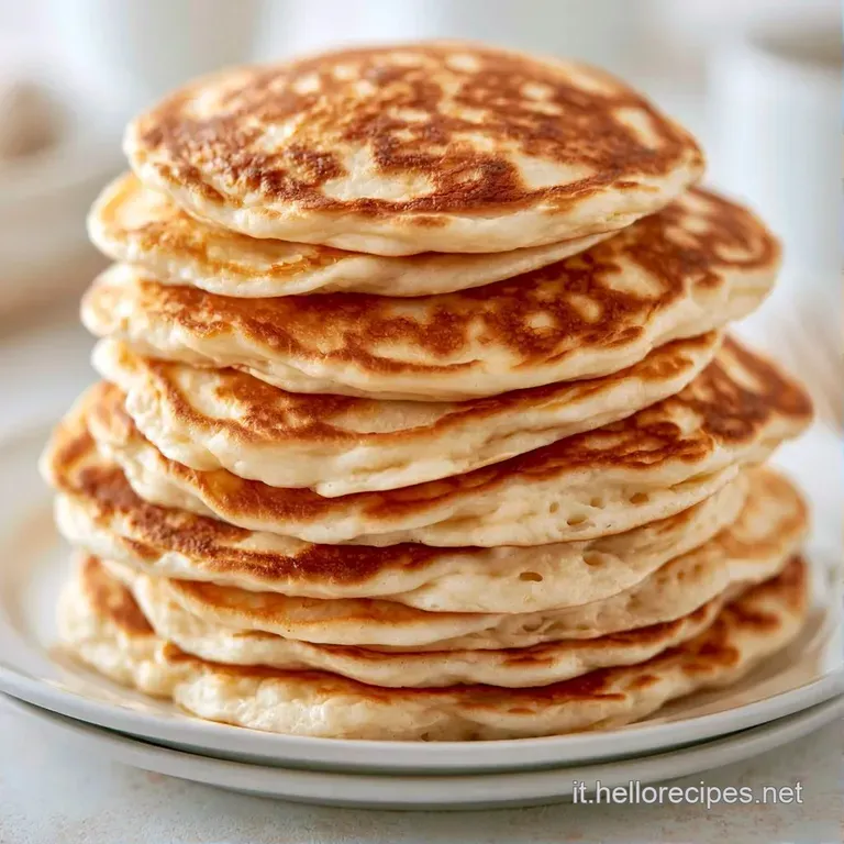 Pancake alti e soffici su un piatto bianco, decorati con zucchero a velo leggero e fragole rosse brillanti.