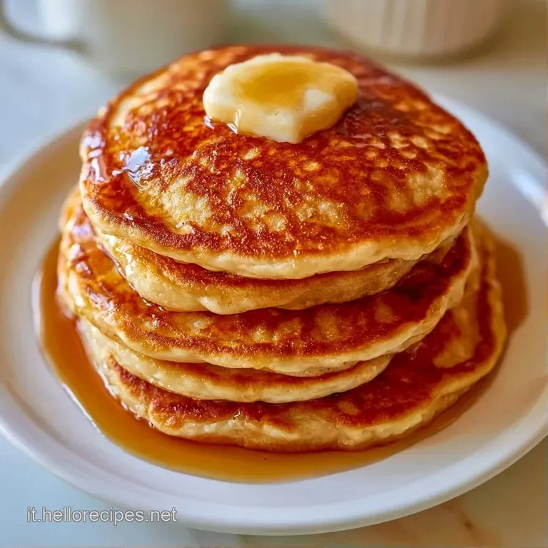 Pancake color oro disposti con cura su un piatto bianco, decorati con mirtilli freschi e un filo di miele ambrato.