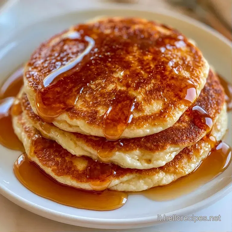 Pancake soffici e ambrati disposti con cura, guarniti da una spolverata di zucchero a velo e fragole rosse mature.