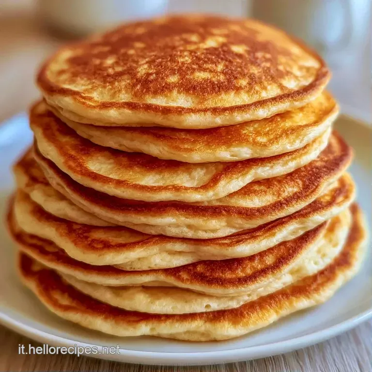 Pancake dorati impilati su piatto di ceramica grigia, spolverati di zucchero a velo con una fogliolina di menta verde.