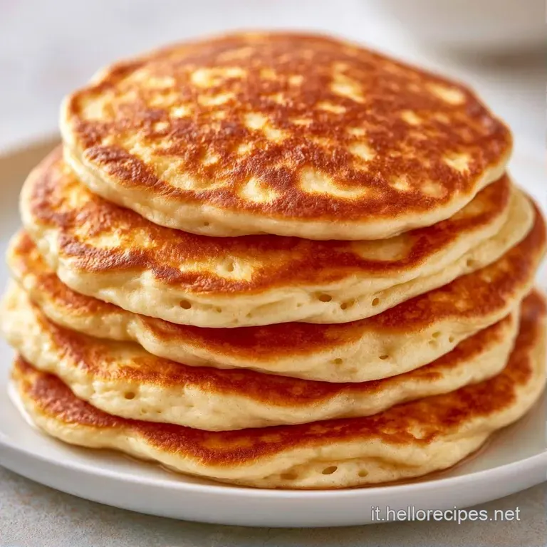 Pancake soffici e dorati su piatto di ceramica, decorati con frutti di bosco vivaci e un velo di sciroppo ambrato.
