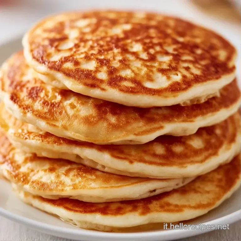 Pancake soffici color miele disposti con cura, guarniti da frutti di bosco rossi e una spolverata di zucchero a velo.