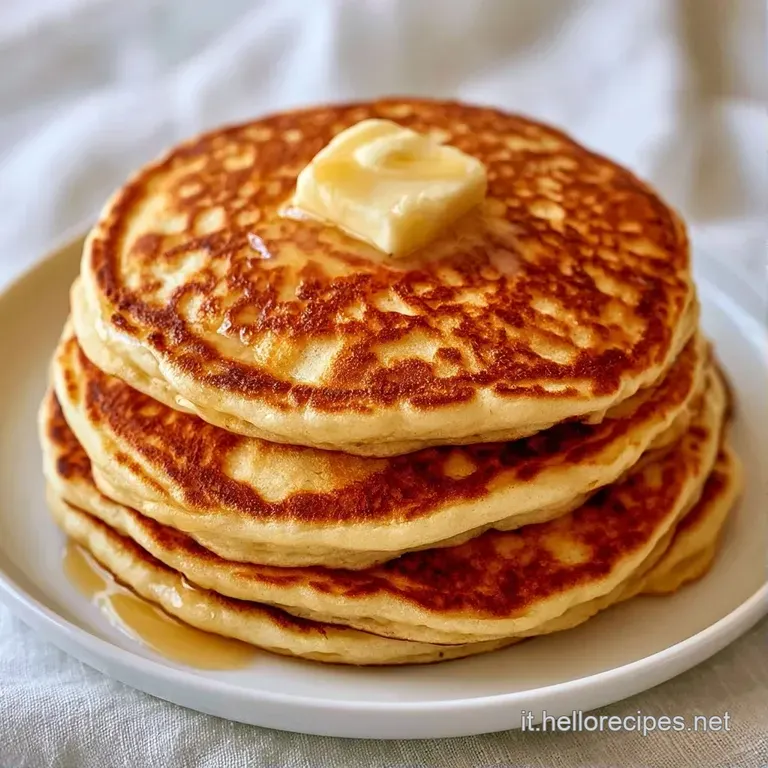 Pancake soffici e alti disposti con cura, spolverati di zucchero a velo bianco con fragole rosse e menta fresca.