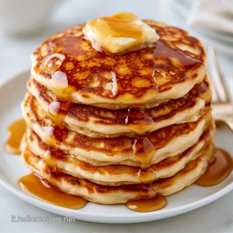 Pancake soffici impilati su un piatto bianco, decorati con mirtilli freschi, polvere di zucchero e una foglia di menta.