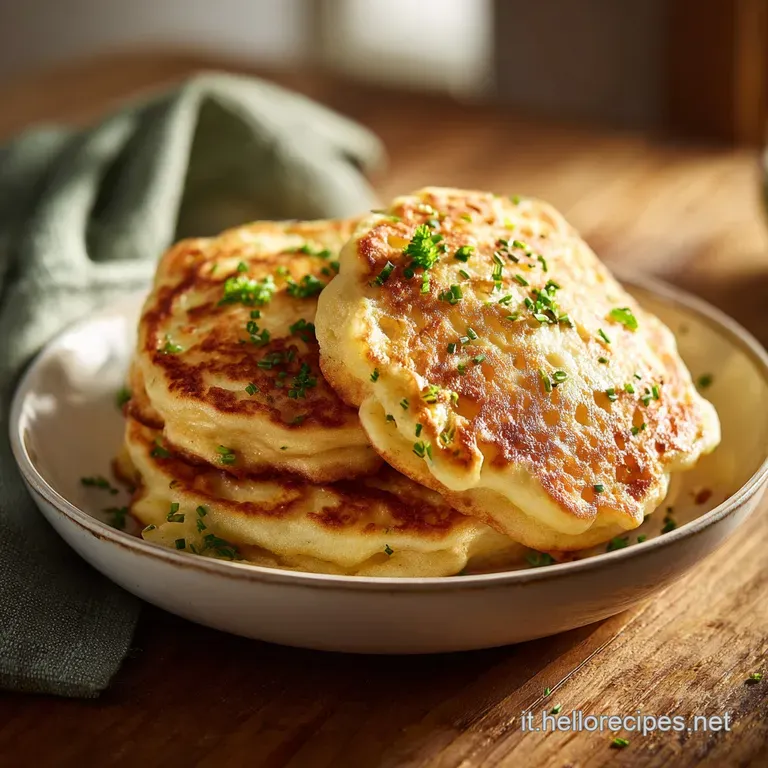 Stacked savory pancakes drizzled with a creamy sauce, garnished with fresh herbs on a rustic plate.