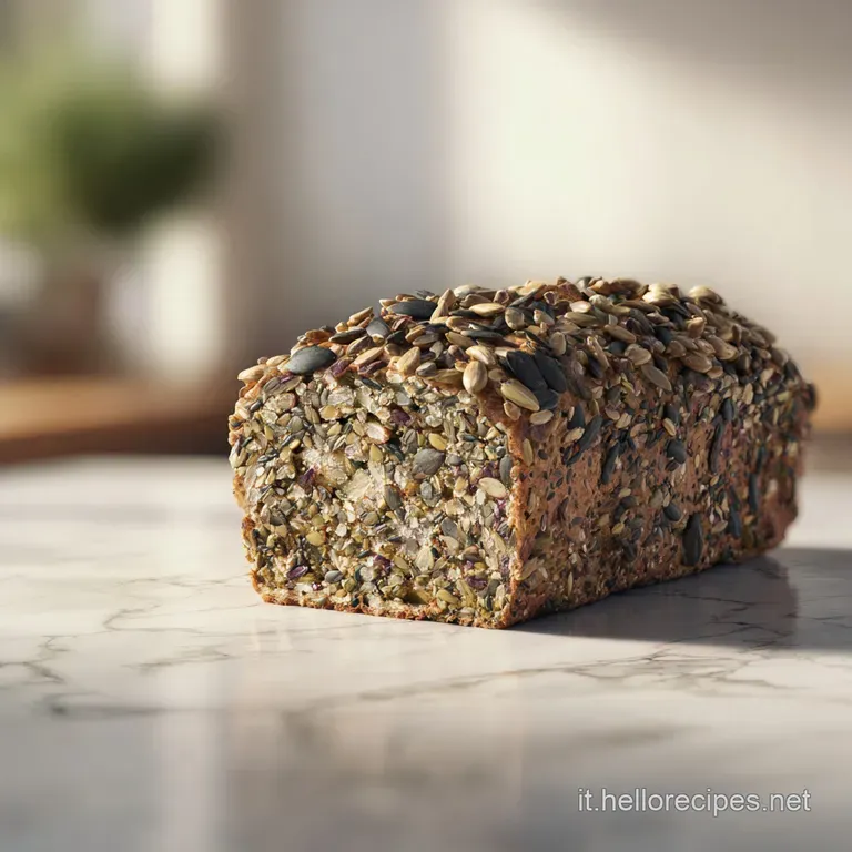 Fette di pane integrale scuro disposte su un piatto bianco, con texture porosa e semi tostati che brillano alla luce.