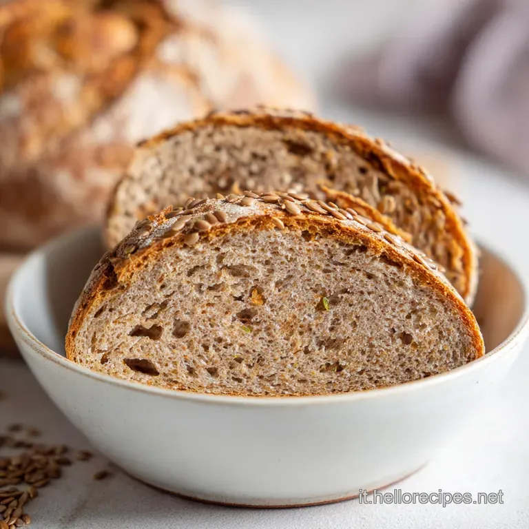Fette di pane integrale caldo disposte su un tagliere, mollica soffice e densa con semi visibili e luce naturale calda.