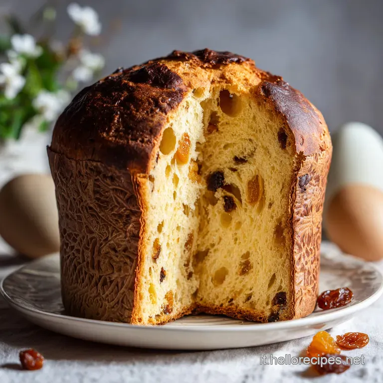 Slice of fluffy Panettone on a plate, next to a cup of coffee, dusted with sugar, and boasting a light, airy texture.