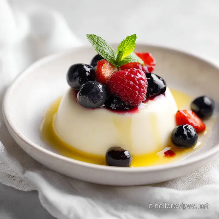 A delicate panna cotta unmolded onto a white plate, drizzled with caramel and adorned with mint.