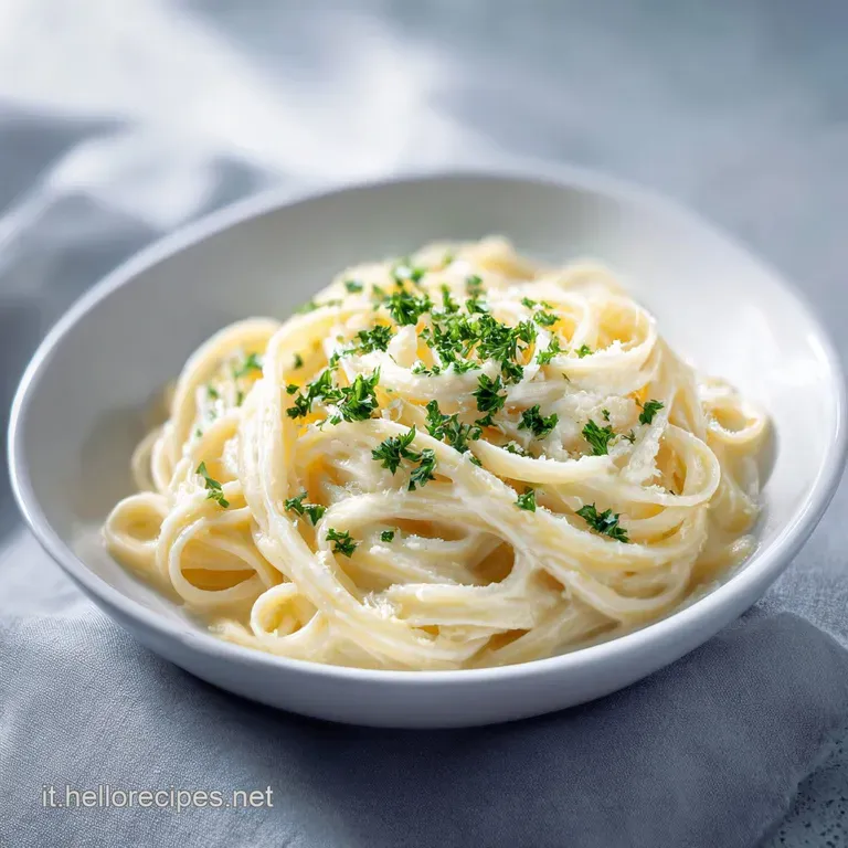 Elegant plate of pasta al formaggio. The glistening strands are topped with cracked pepper and a dollop of thick, creamy y...